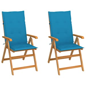 vidaXL Kokkupandavad toolid 2 tk siniste patjadega, t&auml;ispuit, tiikpuu