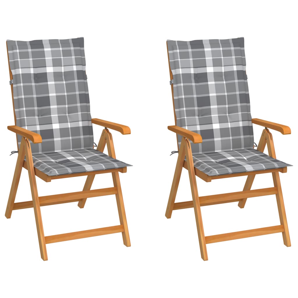 vidaXL Gartenstühle 2 Stk. Graue Karomuster Kissen Massivholz Teak