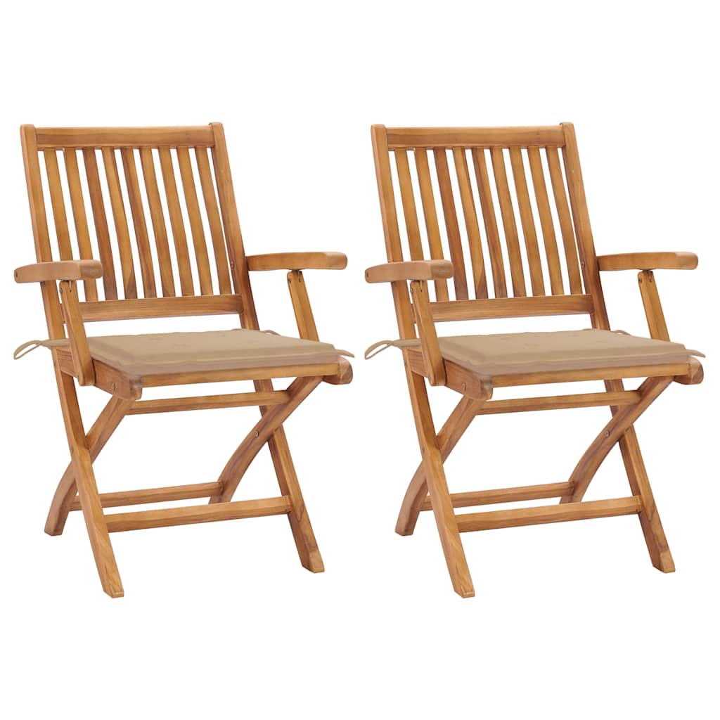 vidaXL Hopfällbara stolar 2 st med beige dynor i massivt teakträ