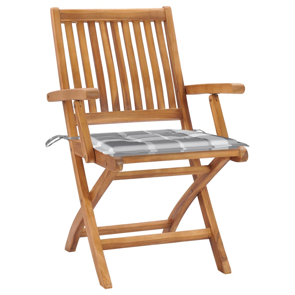 

vidaXL Tuinstoelen 2 st met grijs geruite kussens massief teakhout