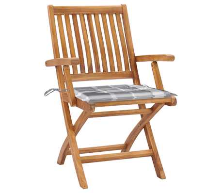 vidaXL Sillas plegables (2 unidades), cojines con estampado de cuadros grises, madera maciza de teca.