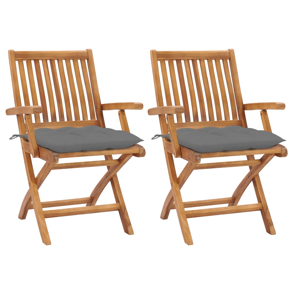 Image of vidaXL Garden Chairs 2 pcs with Grey Cushions Solid Teak Wood