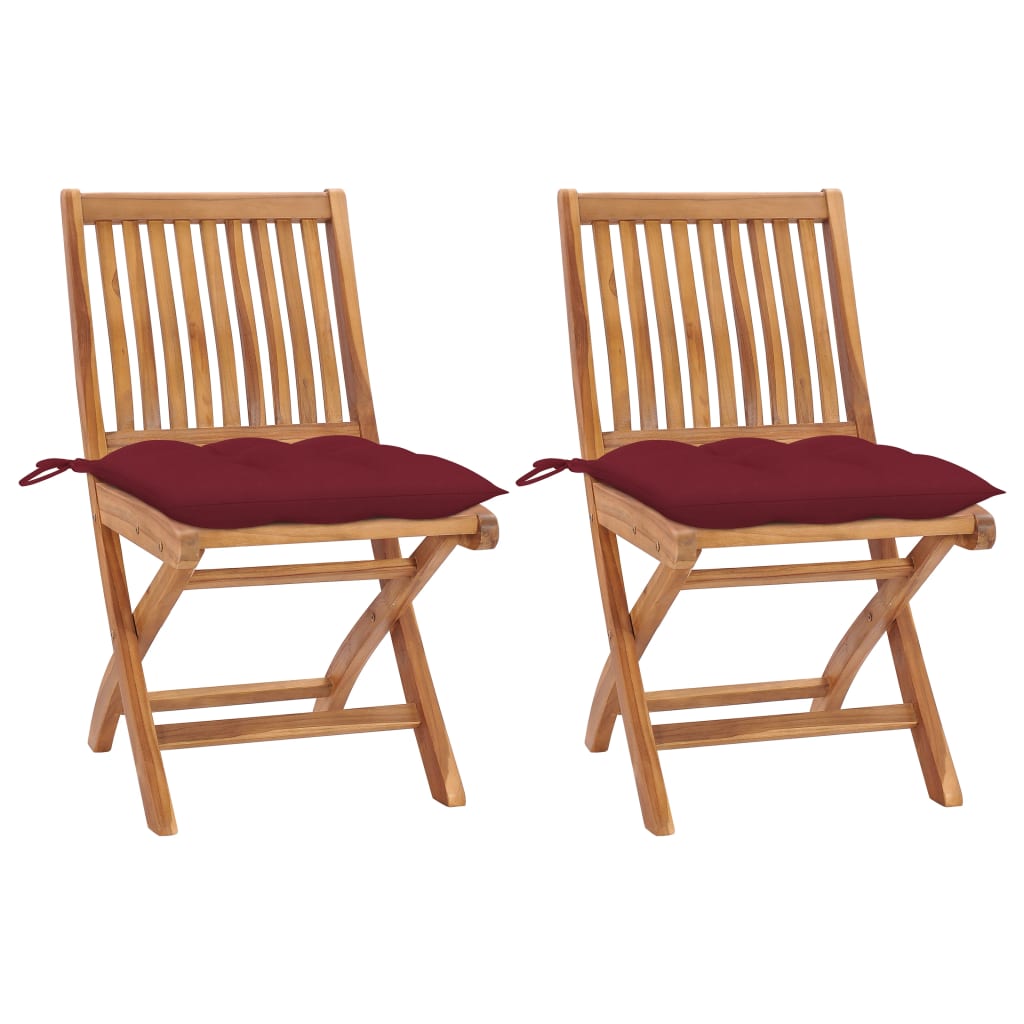 Image of vidaXL Garden Chairs 2 pcs with Wine Red Cushions Solid Teak Wood