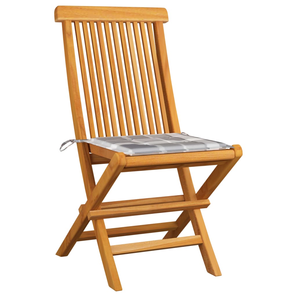 

vidaXL Tuinstoelen 2 st met grijs geruite kussens massief teakhout