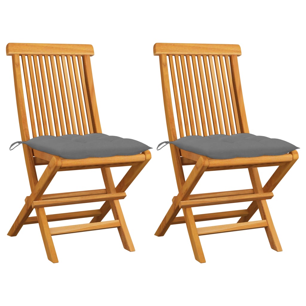 Image of vidaXL Garden Chairs with Grey Cushions 2 pcs Solid Teak Wood