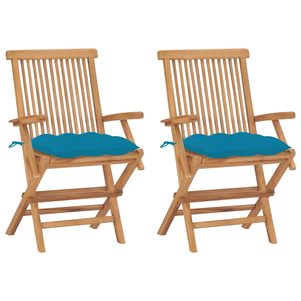 Image of vidaXL Garden Chairs with Light Blue Cushions 2 pcs Solid Teak Wood