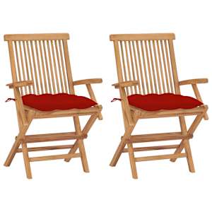 Vrtni stoli z rdečimi blazinami 2 kosa trdna tikovina