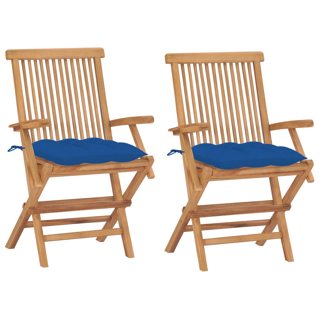 Image of vidaXL Garden Chairs with Blue Cushions 2 pcs Solid Teak Wood