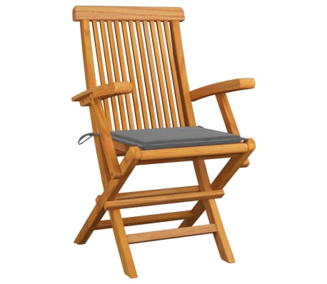 vidaXL Krzesła ogrodowe z szarymi poduszkami, 3 szt., drewno tekowe