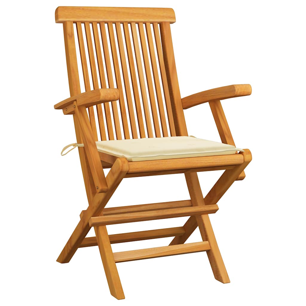 vidaXL Tuinstoelen 3 st met crèmekleurige kussens massief teakhout afbeelding