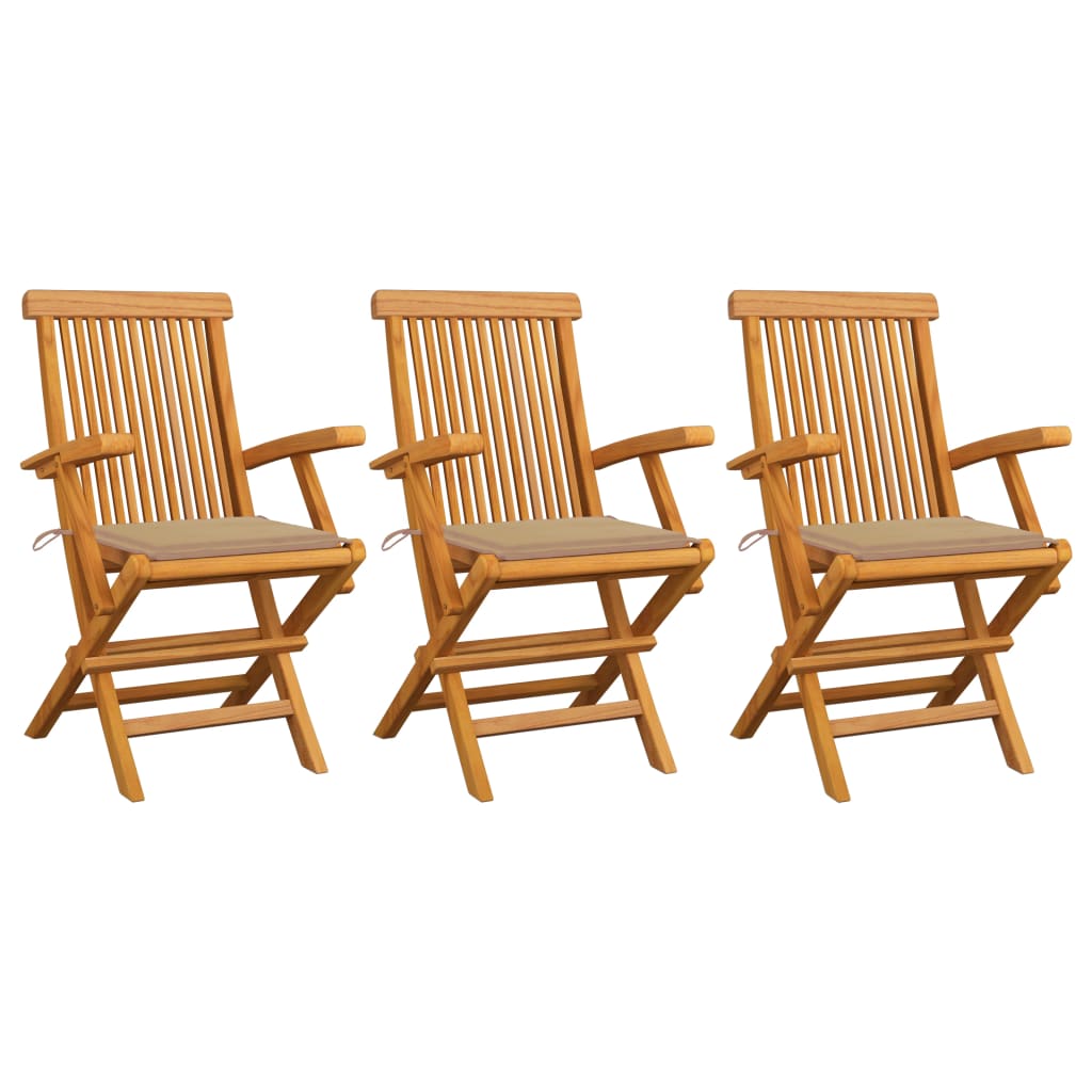 Záhradné stoličky, béžové podložky 3 ks, tíkový masív
