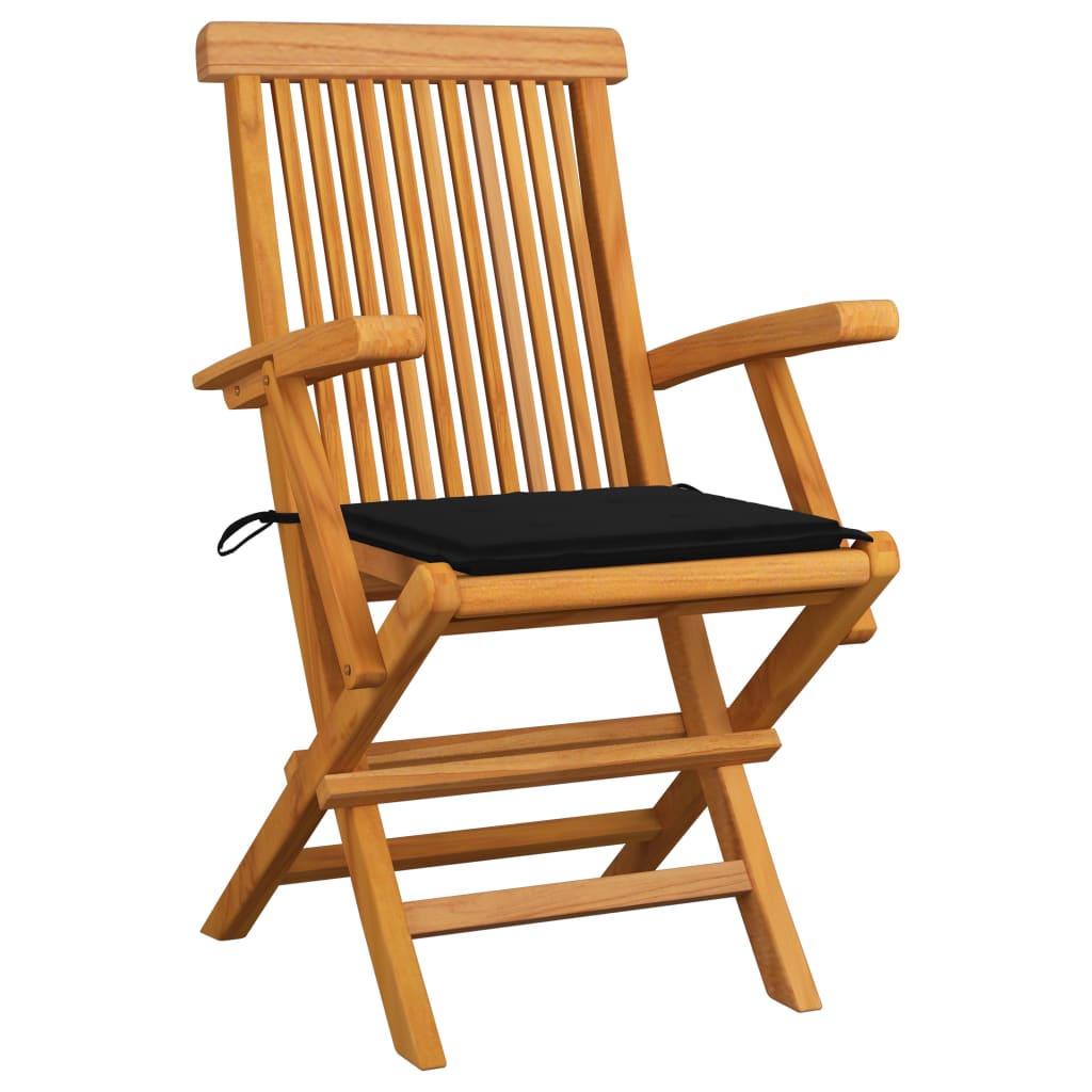 vidaXL Krzesła ogrodowe z czarnymi poduszkami, 3 szt., drewno tekowe
