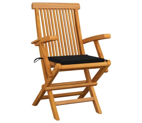 vidaXL Krzesła ogrodowe z czarnymi poduszkami, 3 szt., drewno tekowe
