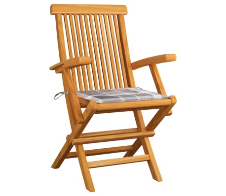 vidaXL Chaises de jardin coussins &agrave; carreaux gris lot de 3 Teck massif