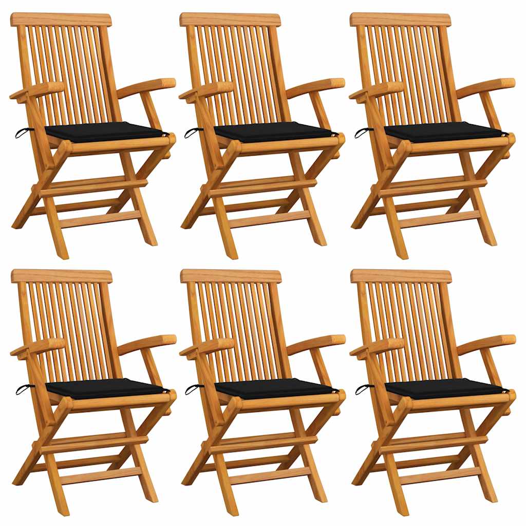 Chaises de jardin avec coussins noir 6 pcs Bois de teck massif