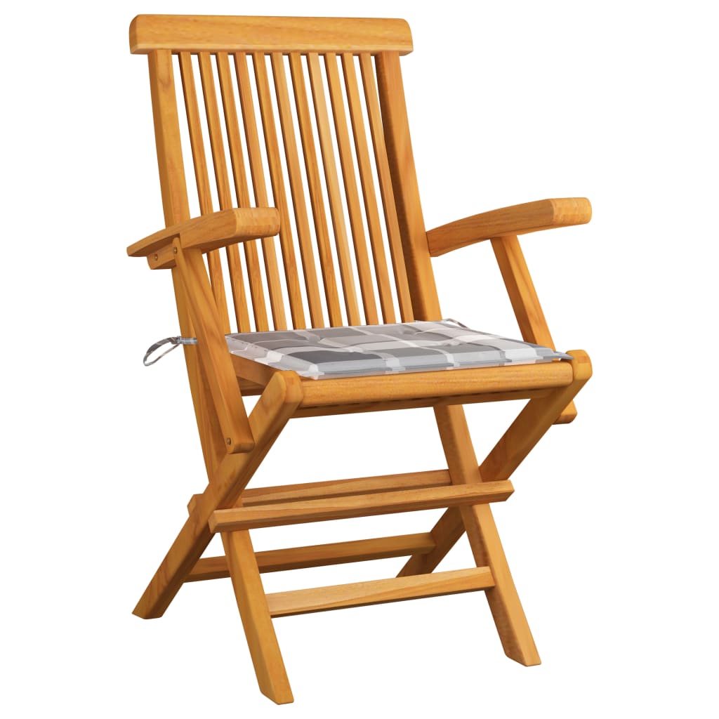 vidaXL Záhradné stoličky+sivé kockované podložky 6 ks, tíkový masív