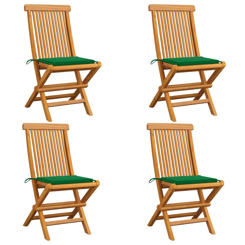 Gartenstühle mit Grünen Kissen 4 Stk. Teak Massivholz
