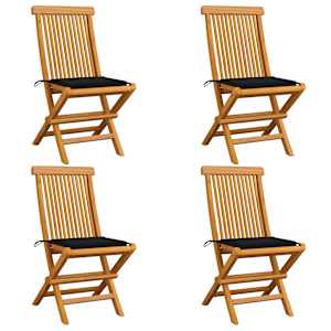 Vrtni stoli s črnimi blazinami 4 kosi trdna tikovina