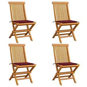 Vrtni stoli z vinsko rdečimi blazinami 4 kosi trdna tikovina