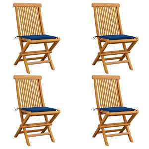 Vrtni stoli s kraljevo modrimi blazinami 4 kosi trdna tikovina