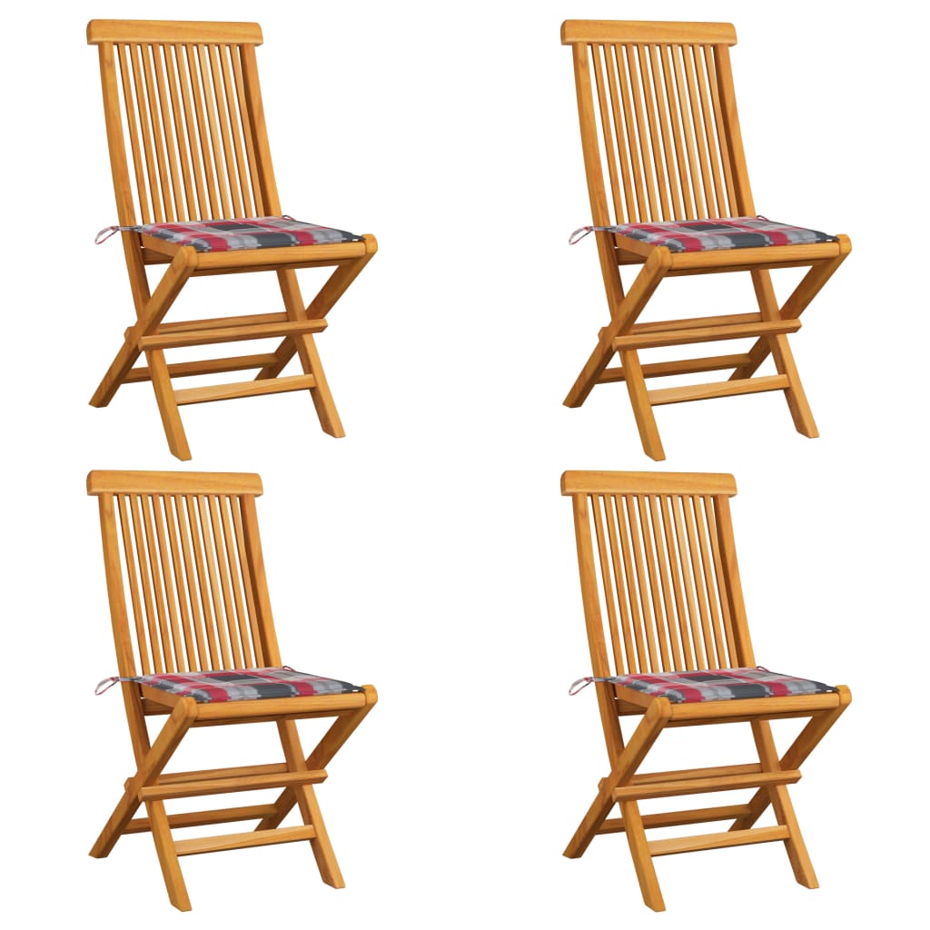 Záhradné stoličky+červené kockované podložky 4 ks, tíkový masív