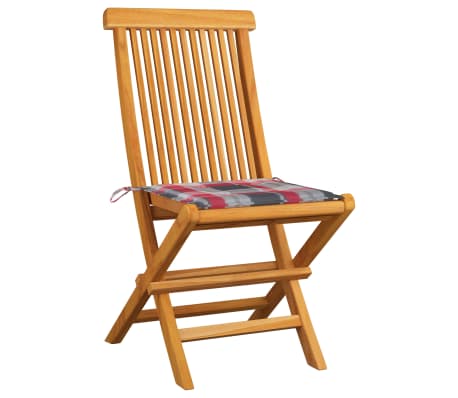 vidaXL Záhradné stoličky+červené kockované podložky 4 ks, tíkový masív