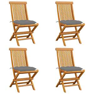 Vrtni stoli s sivimi blazinami 4 kosi trdna tikovina