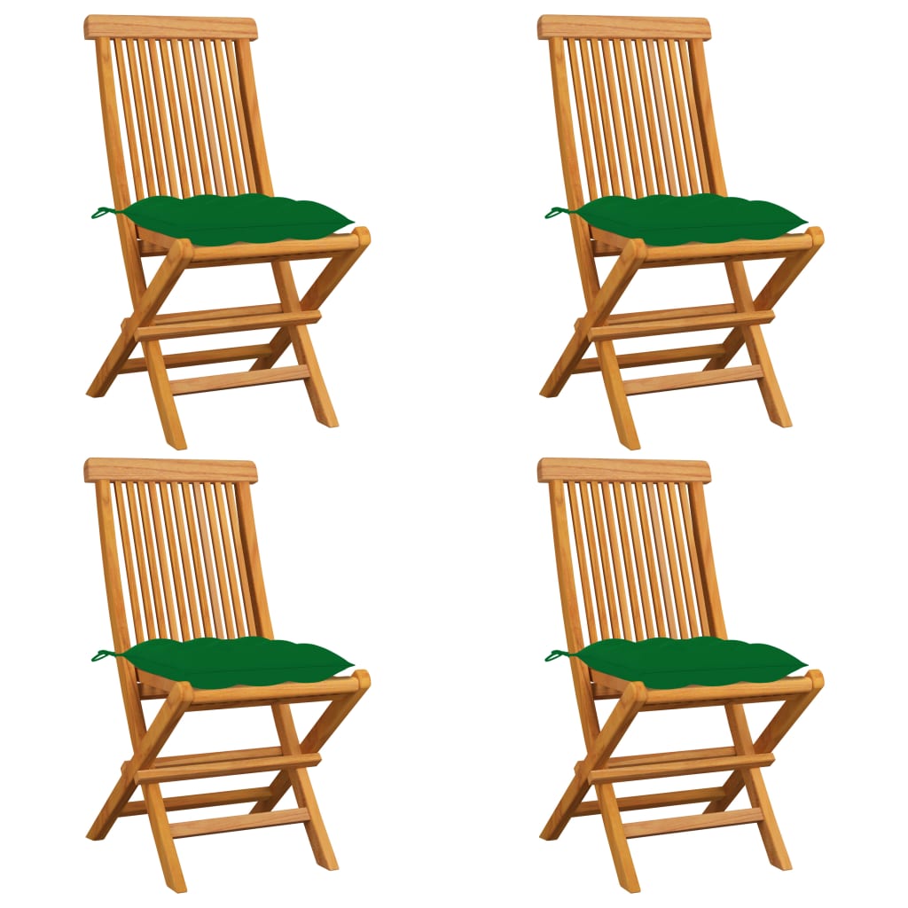 Gartenstühle mit Grünen Kissen 4 Stk. Massivholz Teak
