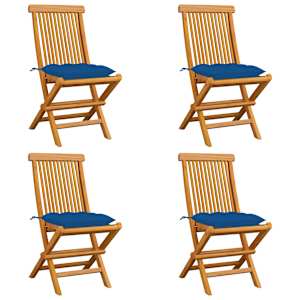 Vrtni stoli z modrimi blazinami 4 kosi trdna tikovina