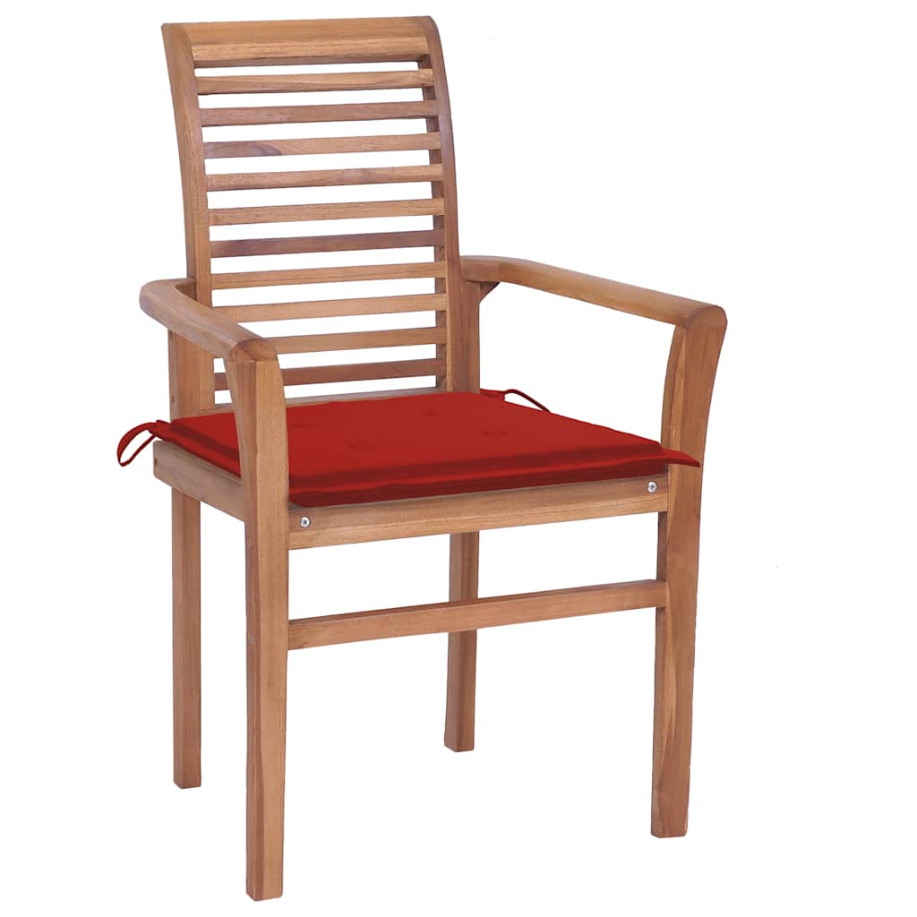 

vidaXL Eetkamerstoelen 4 st met rode kussens massief teakhout