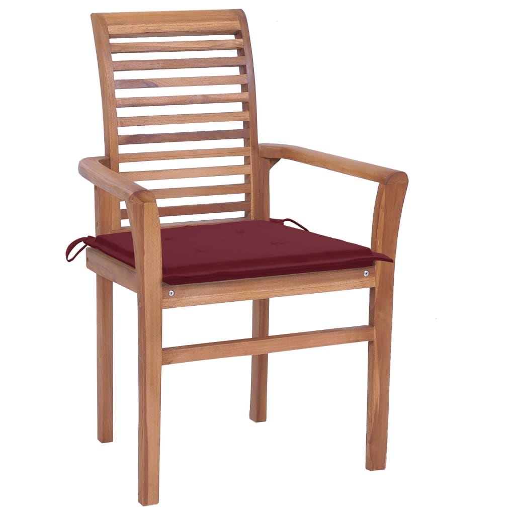 vidaXL Valgomojo kėdės su vyno raudonomis pagalvėmis, 4vnt., tikmedis