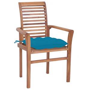 vidaXL Καρέκλες Τραπεζαρίας 4 τεμ. Μασίφ Ξύλο Teak & Γαλάζια Μαξιλάρια