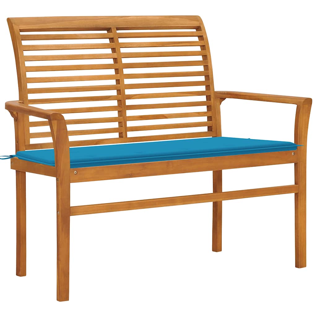 vidaXL Tr&auml;dg&aring;rdsb&auml;nk med bl&aring; dyna 112 cm massiv teak