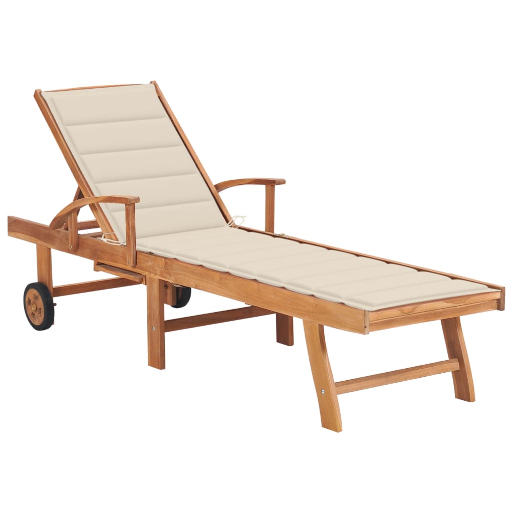 vidaXL Chaise longue avec coussin crème Bois de teck solide