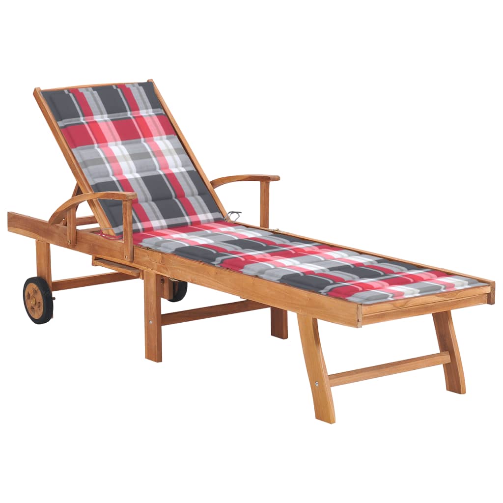 Photos - Garden Furniture VidaXL Sun Lounger with Red Check Pattern Cushion Solid Teak Wood 