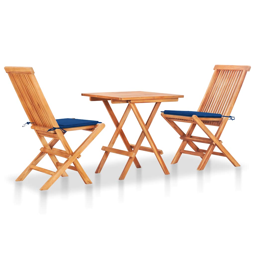 3-tlg. Bistroset mit Königsblauen Kissen Massivholz Teak Schwarz 3