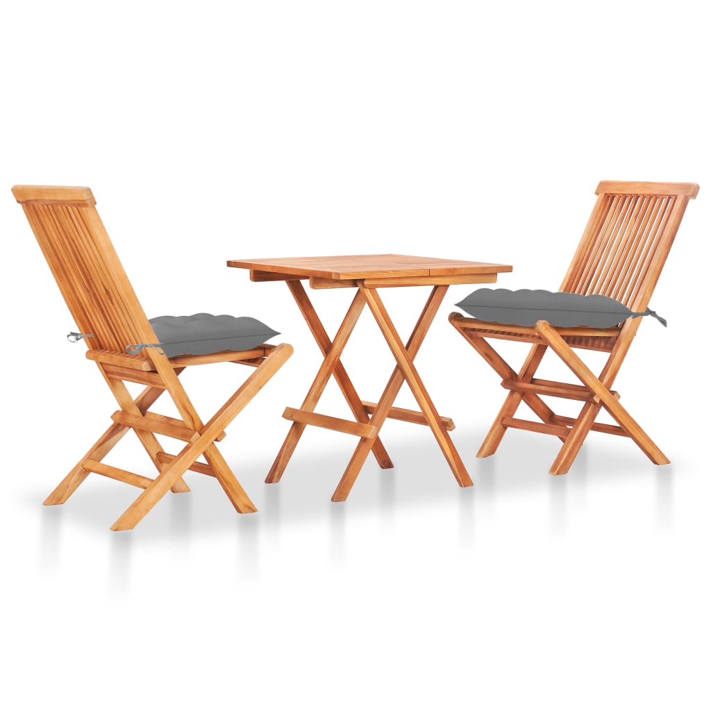 

vidaXL 3 Piece Bistro Set with Gray Cushions Solid Teak Wood
