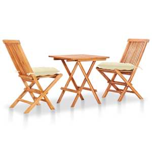 3dílný bistro set s krémově bílými poduškami teakové dřevo