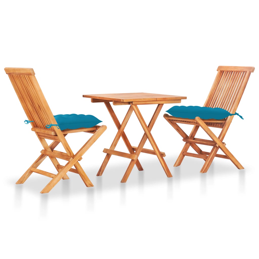 3-tlg. Bistro-Set mit Hellblauen Kissen Massivholz Teak