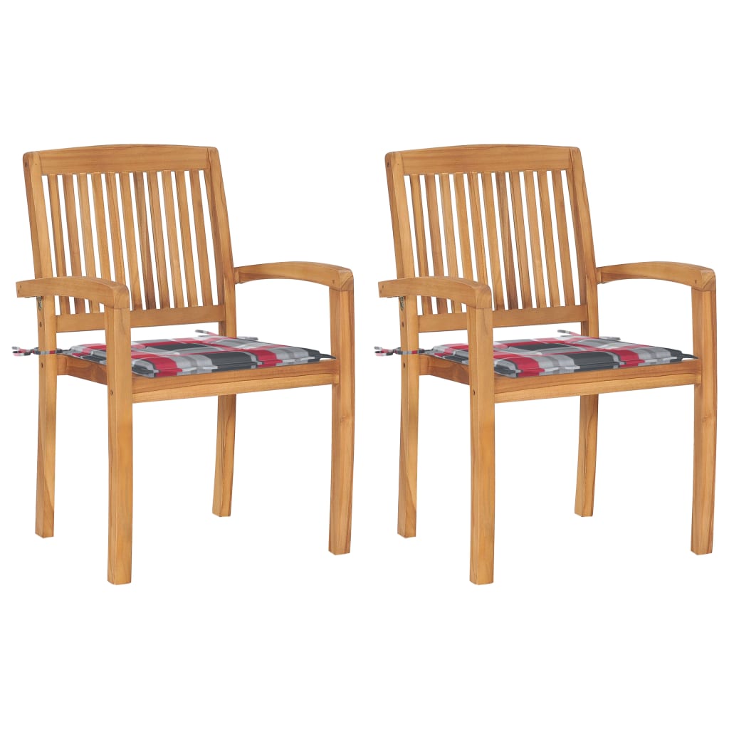 vidaXL Gartenstühle 2 Stk. Rote Karomuster Kissen Massivholz Teak