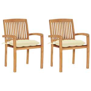 Vrtni stoli 2 kosa s kremno belimi blazinami trdna tikovina