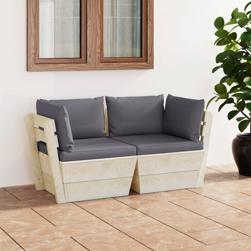 Sofa ogrodowa 2-osobowa z paletami, antracytowe poduszki