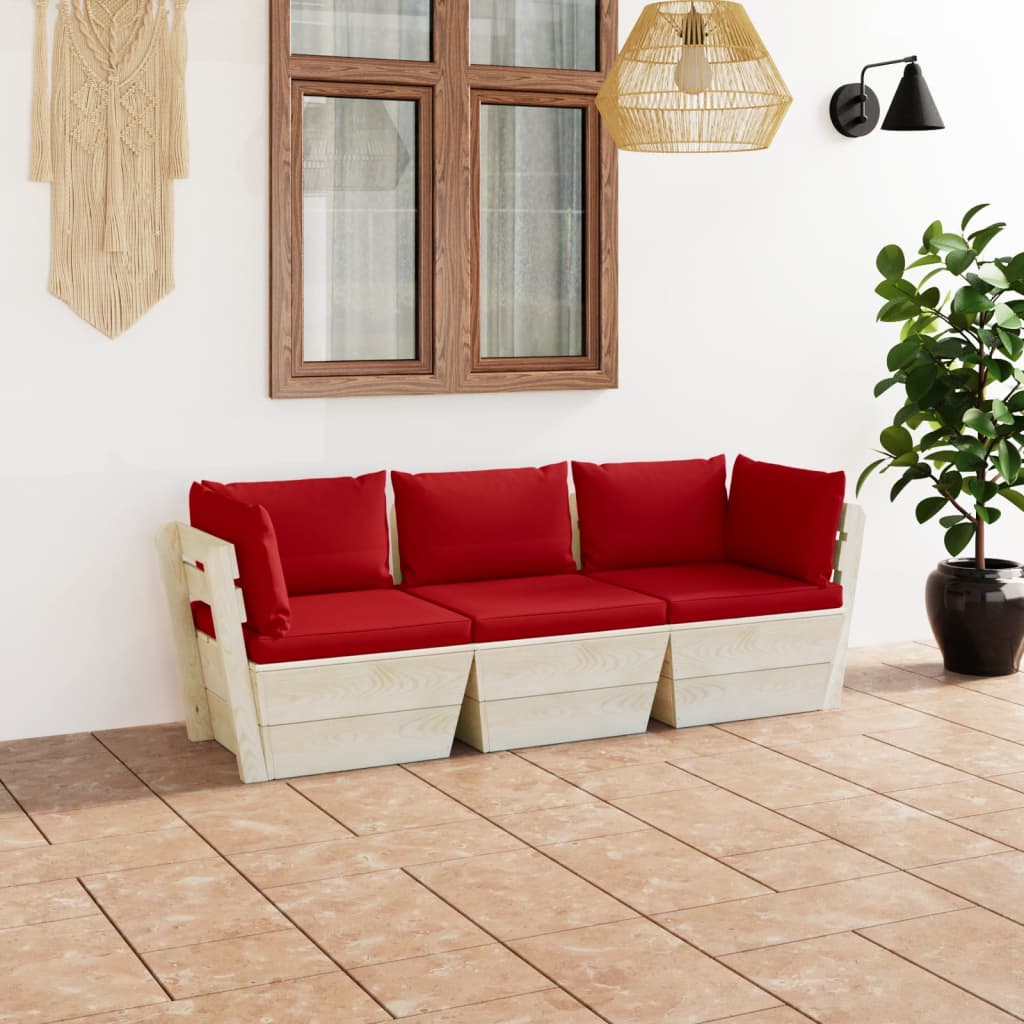 Sofa ogrodowa 3-osobowa z paletami, czerwone poduszki, 60x60x65 cm