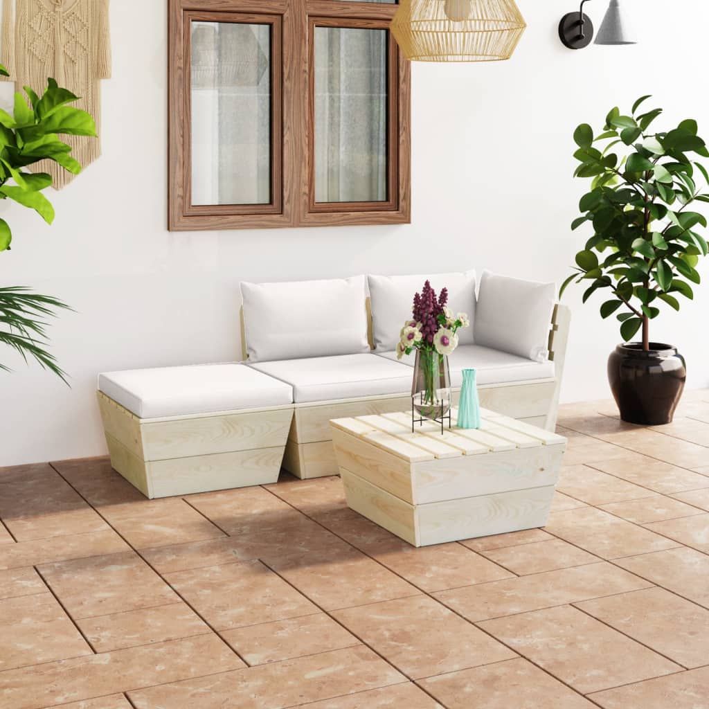 Zestaw wypoczynkowy ogrodowy z paletami - drewno świerkowe, kremowe poduszki (75 znaków)