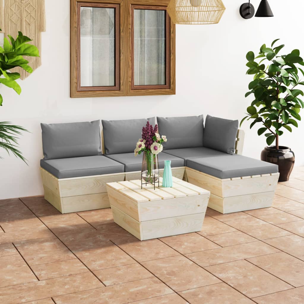 vidaXL Set mobilier grădină din paleți cu perne, 5 piese, lemn molid vidaXL