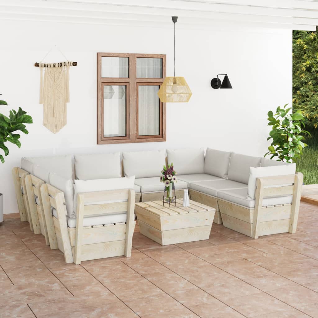 Zestaw wypoczynkowy ogrodowy 9-częściowy z paletami, kremowe poduszki, drewno świerkowe