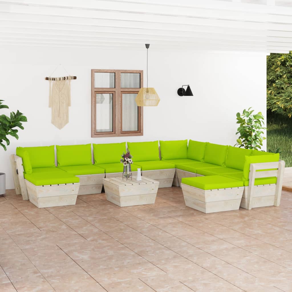 vidaXL Set mobilier grădină din paleți cu perne, 11 piese, verde aprins, lemn molid 