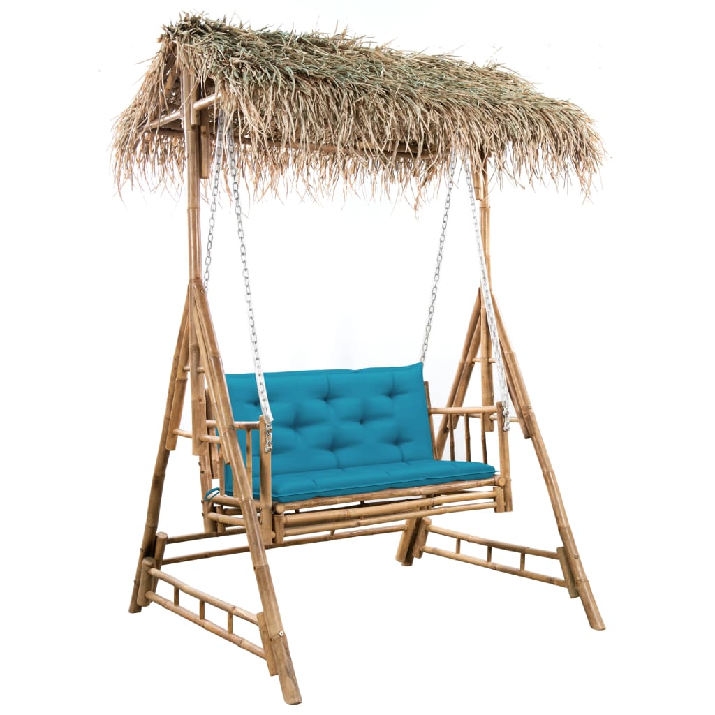 vidaXL Balansoar 2 locuri, cu frunze de palmier/pernă, 202 cm, bambus