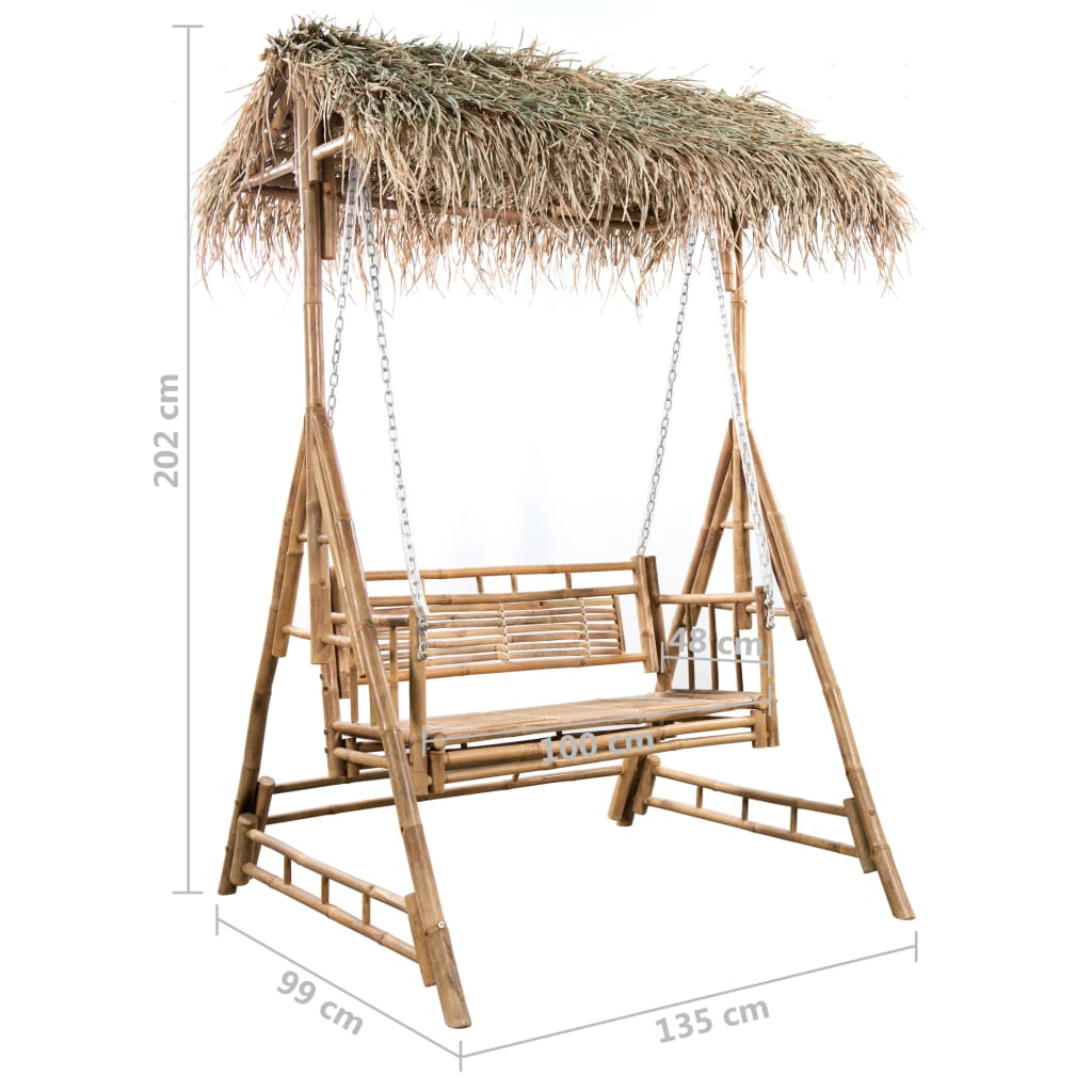 Dvivietės sūpynės su palmių lapais ir pagalve, 202cm, bambukas | Stepinfit