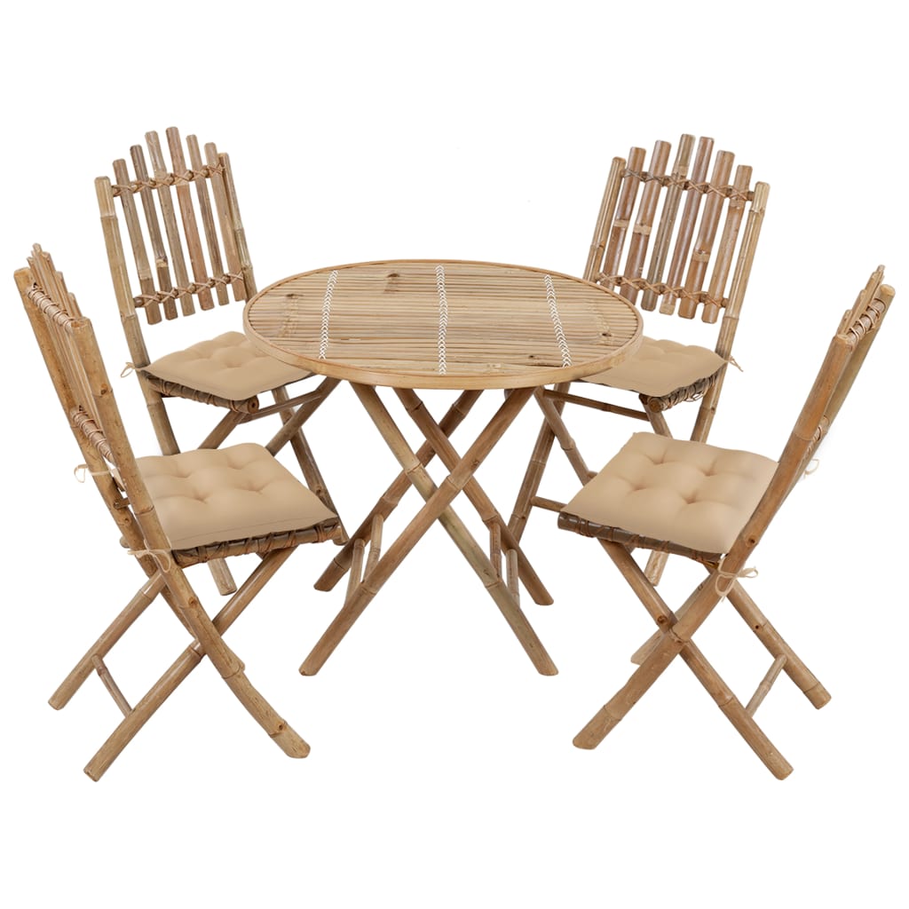 Mobilier à dîner d'extérieur pliable 5 pcs avec coussins Bambou